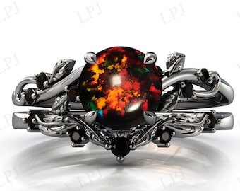 Black Opal Engagement Ring Set 925 Silver Black Opal Wedding Ring Set Art Deco Leaf Design Bridal 2 Pcs Ring Set Unique Anniversary Ring Set