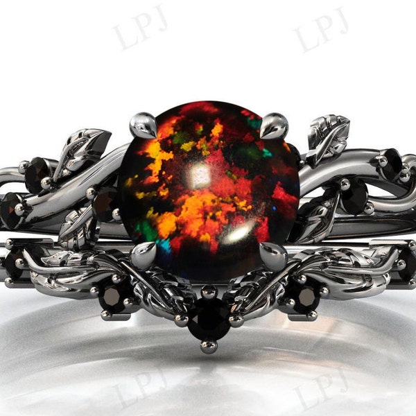 Black Opal Engagement Ring Set 925 Silver Black Opal Wedding Ring Set Art Deco Leaf Design Bridal 2 Pcs Ring Set Unique Anniversary Ring Set