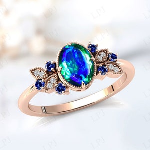 Art Deco Peacock Quartz Engagement Ring For Women Unique Green Blue Gemstone Ring Antique Wedding Ring 14k Gold Peacock Quartz Bridal Ring