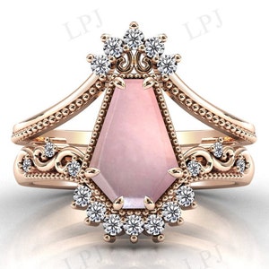 Vintage rozenkwarts verlovingsring set voor vrouwen art deco doodskist vormige rozenkwarts trouwring set antieke bruids 2-delige ring set