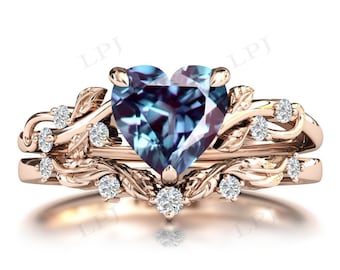 Vintage Alexandrite Engagement Ring Set For Women Antique Vine Leaf Ring Set Heart Shaped Alexandrite Art Deco Wedding Ring Set For Her