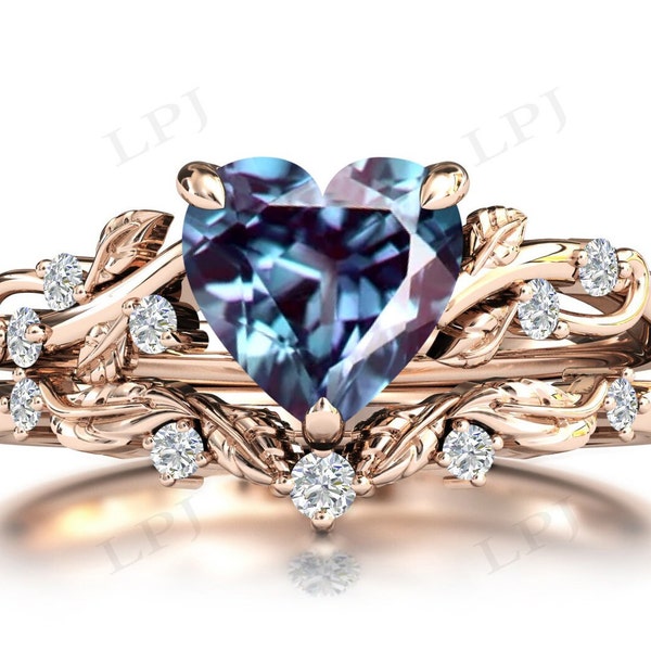 Vintage Alexandrite Engagement Ring Set For Women Antique Vine Leaf Ring Set Heart Shaped Alexandrite Art Deco Wedding Ring Set For Her