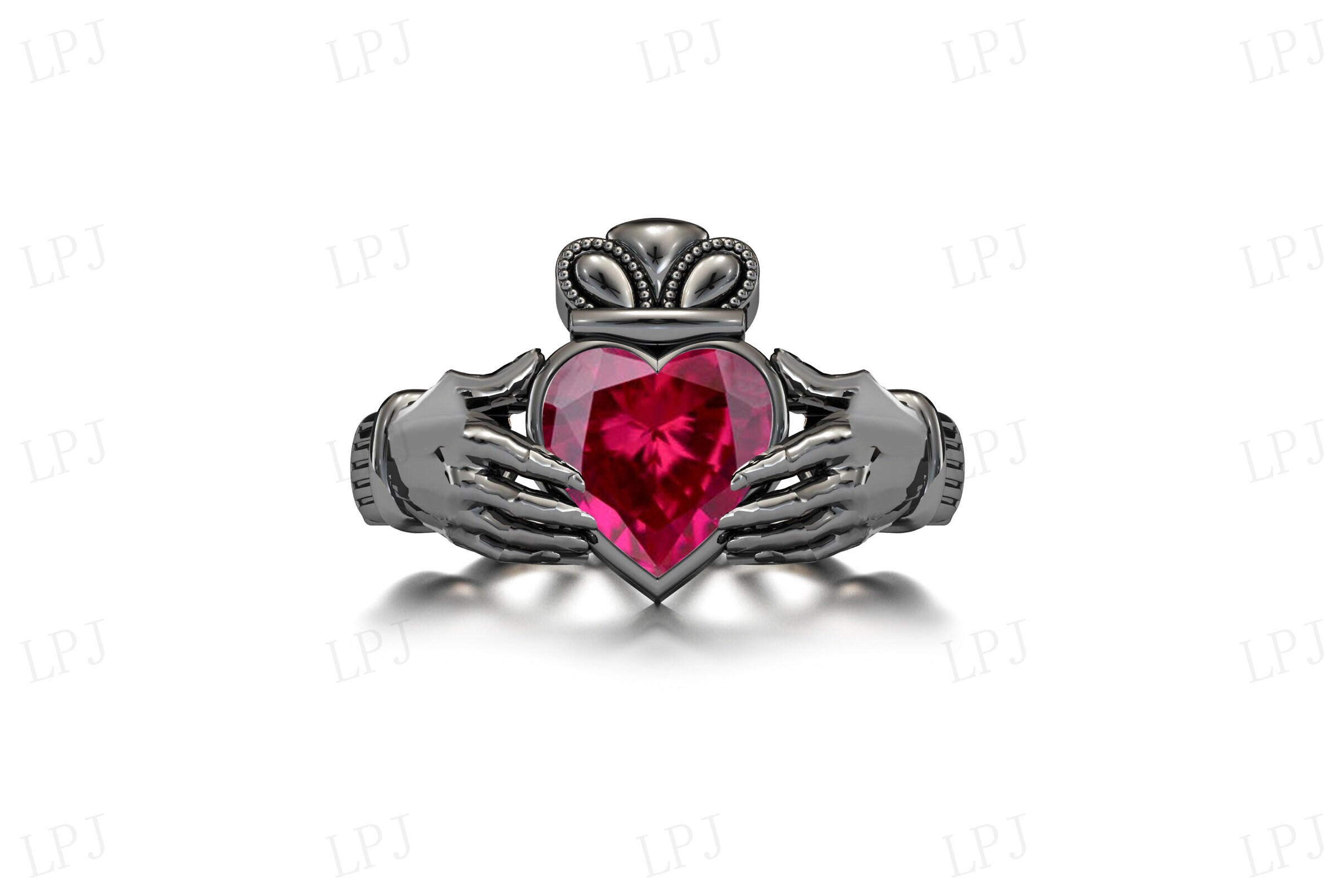 Heart Shaped Ruby Engagement Ring Art Deco Claddagh Style Ring 14k Gold ...