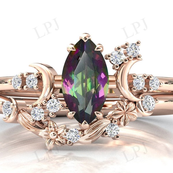 Moon of My Life Mystic Topaz Engagement Ring Set Bio Color Gemstone Wedding Ring Set Marquise Cut Mystic Topaz Ring Set Floral Leaf Ring Set