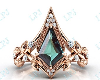 Color Changing Teal Sapphire Kite Engagement Ring Women Art Deco Teal Sapphire Leaf Wedding Ring Green Blue Sapphire Ring Anniversary Ring
