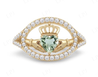 Green Amethyst Engagement Ring For Women Antique Claddagh Style Wedding Ring Heart Shape Amethyst Bridal Promise Ring Women Anniversary Gift