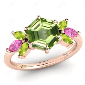 14K ゴールド ペリドット 結婚指輪 ヴィンテージ クラスター エンゲージリング アンティーク ペリドット 結婚指輪 ユニークなブライダル プロミスリング 女性 記念日 ギフト