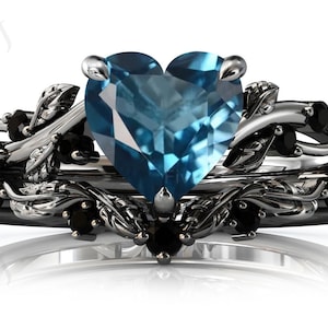 London Blue Topaz Engagement Ring Set For Women Art Deco Vine Leaf Wedding Ring Set Antique Blue Topaz Bridal Ring Set Anniversary Gift