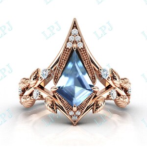 Kite Cut Aquamarine Engagement Ring For Women Art Deco Aquamarine Leaf Wedding Ring 14k Gold Aquamarine Bridal Promise Ring Anniversary Gift