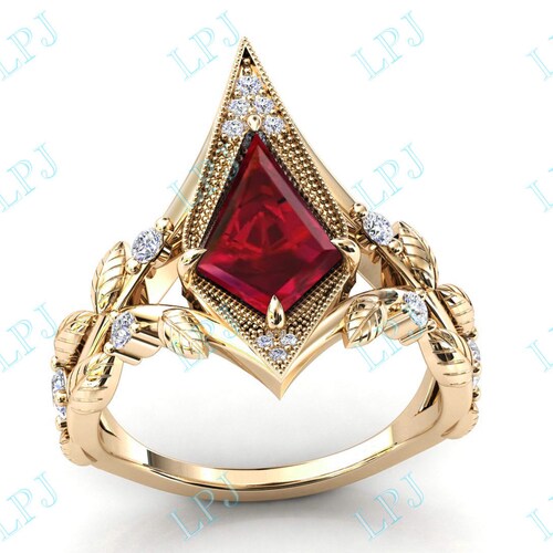 Unique Kite shops Shaped Ruby Wedding Ring Art Deco Ruby Leaf Style Engagement Ring For Women 14k Gold Ruby Bridal Ring Antique Anniversary Ring