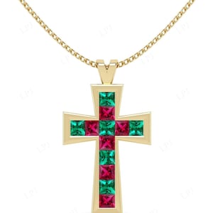 Bezel Set Emerald Cross Pendant Rose Gold Holy Cross Pendant Multi Gemstone Pendant Unisex Handmade Ruby Pendant Unique Religious Pendant
