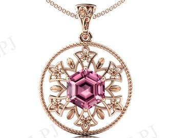 Hexagon Shaped Pink Tourmaline Pendant For Women Art Deco Floral Women Pendant Antique Style Pendant Unique Anniversary Gift For Women