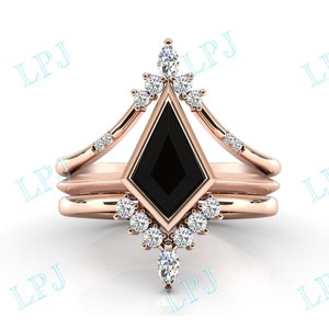 Antique Kite Shaped Black Onyx Engagement Ring Set Vintage Black Onyx Wedding Ring Set Art Deco 3 piece Bridal Ring Set Anniversary Ring Set