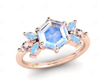 Art Deco Moonstone Cluster Ring For Women 14k Gold Moonstone Engagement Ring Hexagon Cut Gemstone Wedding Ring Antique Bridal Promise Ring
