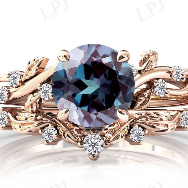 Vintage Alexandrite Engagement Ring Set Art Deco Floral Alexandrite Wedding Ring Set Rose Gold Leaf Style Ring Set Unique Bridal Ring Set