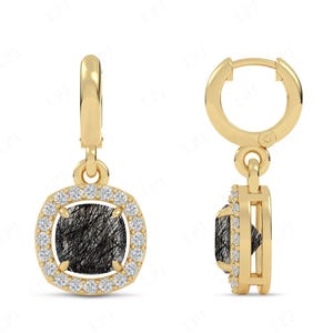 Black Rutilated Quartz Earrings For Women Cushion Cut Rutile Halo Earrings Vintage Wedding Earrings 14k Gold Earrings Handmade Earrings