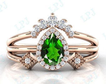 14k Gold Chrome Diopside Enagement Ring Set Tear Drop Style Chrome Diopside Wedding Ring Vintage Halo Bridal Ring Unique Anniversary Ring