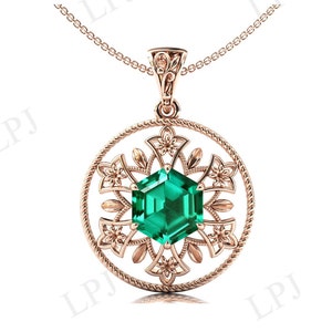 Vintage Emerald Pendant For Women Hexagon Shaped Emerald Green Gemstone Pendant Antique Style Pendant Art Deco Floral Necklace Gift For Her