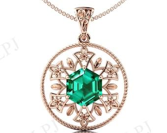 Vintage Emerald Pendant For Women Hexagon Shaped Emerald Green Gemstone Pendant Antique Style Pendant Art Deco Floral Necklace Gift For Her