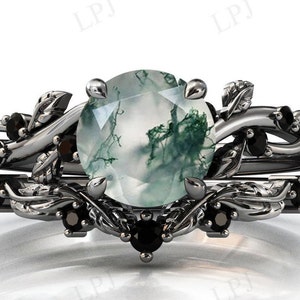 Anello di fidanzamento vintage in agata di muschio per le donne Set di anelli di nozze in foglia di agata di muschio in argento sterling Set di anelli da sposa in agata di muschio unico 2 pezzi