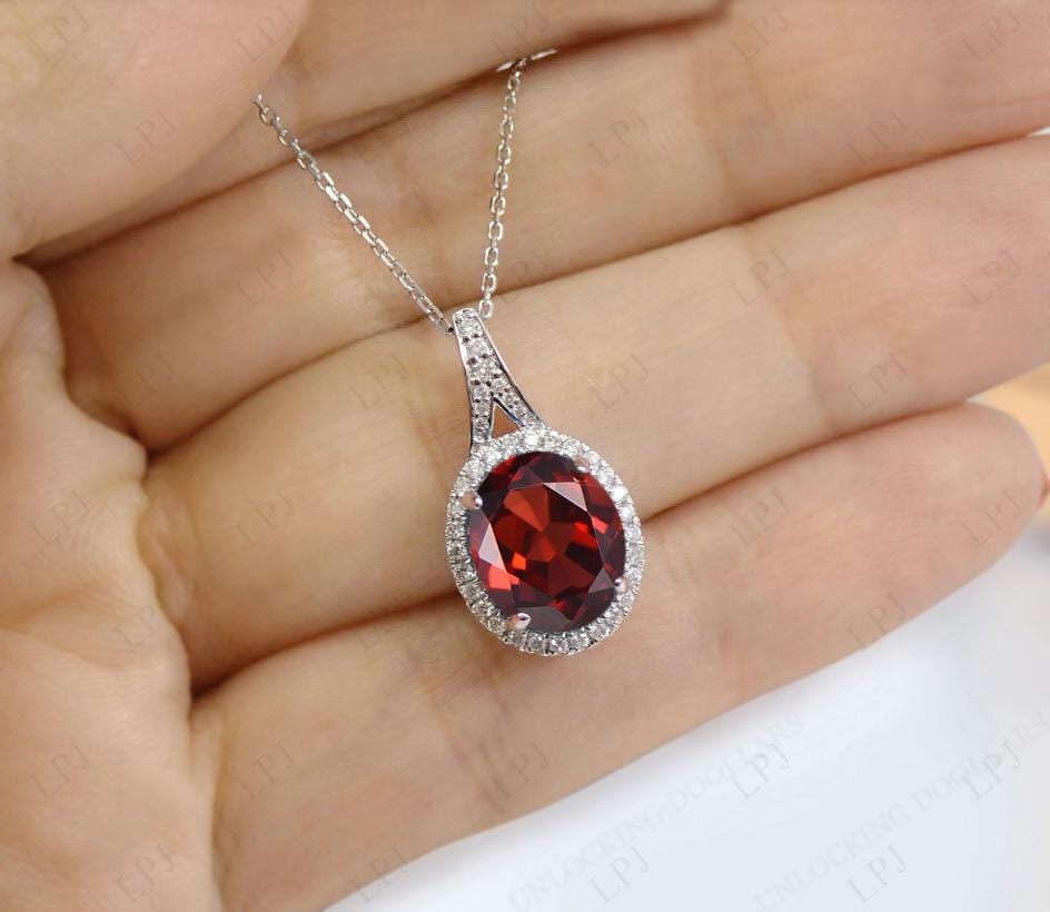 Colgante de granate natural para mujer, estilo vintage, ovalado, con halo de granate, estilo art déco, piedra preciosa roja, regalo de aniversario.