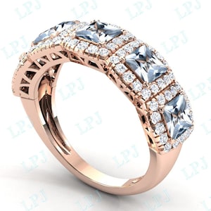 14k Gold Aquamarine Eternity Wedding Band For Women Princess Cut Aquamarine Engagement Band Women Half Eternity Band Anniversary Gift