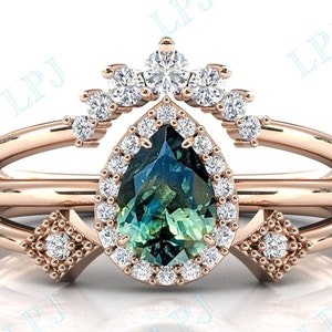Art Deco Teal Sapphire Engagement Ring Set Blue Green Sapphire Wedding Ring Unique Bridal Ring Color Changing Teal Sapphire Ring For Women