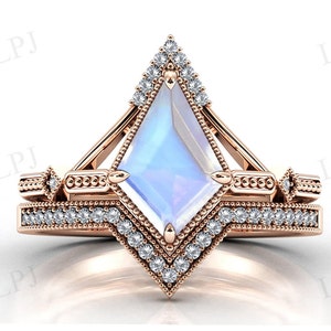 Kite Shaped Moonstone Engagement Ring Set For Women 14k Gold Moonstone Kite Shape Wedding Ring Set Unique Anniversary 2 Piece Ring Set
