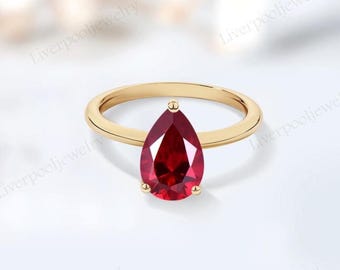 Solitaire Ruby Engagement Ring For Women Pear Shaped Ruby Gemstone Wedding Ring 925 Silver Ruby Bridal Ring Unique Anniversary Promise Ring
