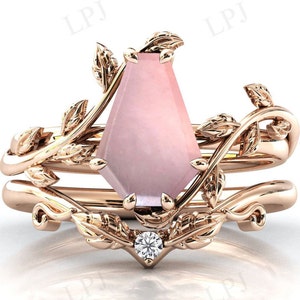 Natuurlijke rozenkwarts verlovingsring set voor vrouwen 14k gouden rozenkwarts trouwring set doodskist vormige rozenkwarts blad bruidsring set