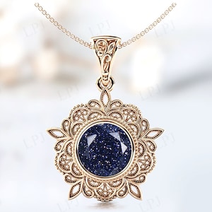 Galaxy Blue Sandstone Wedding Pendant For Her Art Deco Milgrain Design Pendant Antique Filigree Style Necklace Unique Blue Gemstone Pendant