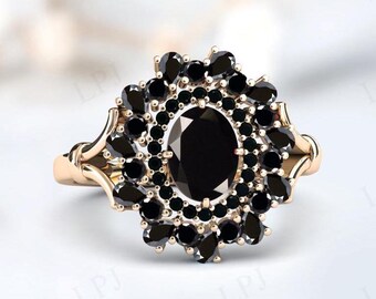 Vintage Black Onyx Engagement Ring For Women 925 Silver Black Onyx Wedding Ring Art Deco Multi Gemstone Cocktail Ring Women Anniversary Gift