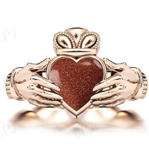 Heart Shaped Goldstone Wedding Ring Art Deco Claddagh Engagement Ring Unique Brown Gemstone Ring Vintage Claddagh Style Ring Gift For Women