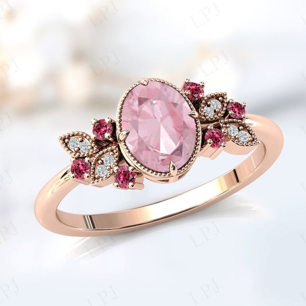 Pink Morganite Engagement Ring Art Deco Wedding Ring 14k Gold Morganite Bridal Promise Ring Unique Pink Gemstone Ring Women Anniversary Gift