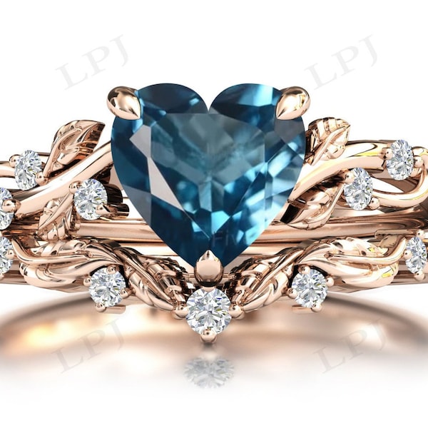 London Blue Topaz Engagement Ring Set For Women Rose Gold Leaf Style Wedding Ring Set Antique Blue Topaz Bridal Ring Set Anniversary Gift