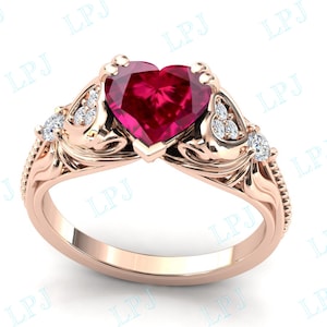 Heart Shape Ruby Engagement Ring for Women Art Deco Ruby Bridal Ring ...