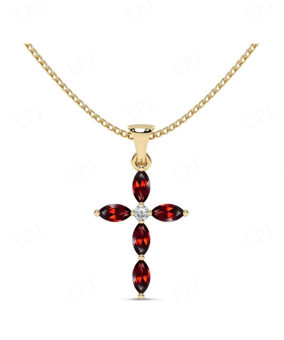 Marquise Cut Red Garnet Pendant for Women Art Deco Holy Cross