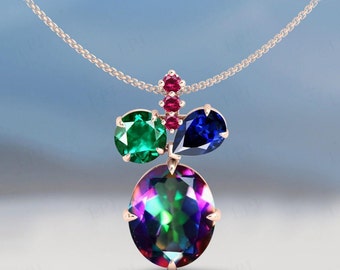 Mystic Topas-hänge för kvinnor 925 sterlingsilverhänge Vintage bröllopshänge Art Deco-hänge med flera ädelstenar Unik jubileumspresent