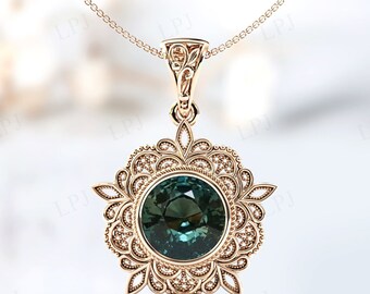 Colgante de zafiro verde azulado que cambia de color, colgante de boda con filigrana única, collar de zafiro verde azulado, diseño Art Deco milgrain, colgante para mujer