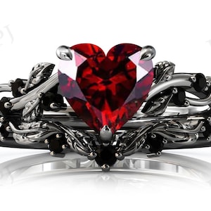 Natural Garnet Engagement Ring Set For Women 925 Silver Leaf Design Wedding Ring Set Heart Shape Garnet Bridal Ring Set Anniversary Gift