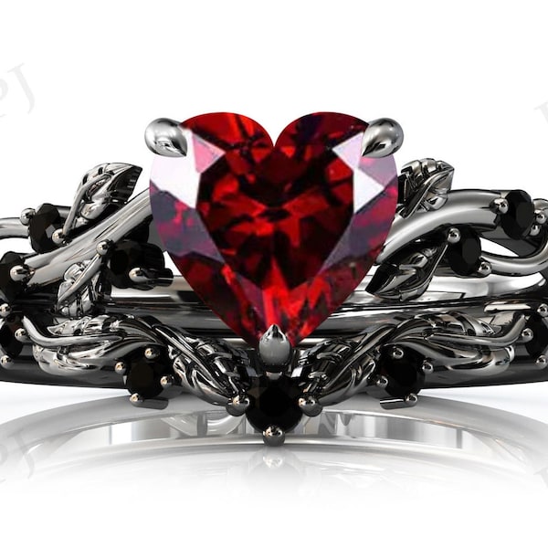 Natural Garnet Engagement Ring Set For Women 925 Silver Leaf Design Wedding Ring Set Heart Shape Garnet Bridal Ring Set Anniversary Gift