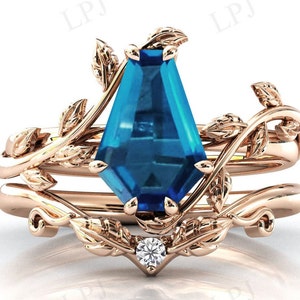 London Blue Topaz Engagement Ring Set For Women Art Deco Coffin Shaped Blue Topaz Wedding Ring Set Antique Leaf Style Ring Set Gift For Her