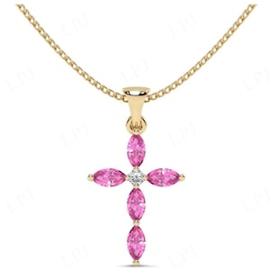 Vintage Pink Tourmaline Cross Pendant For Women 14K Gold Tourmaline Art Deco Religious Pendant Marquise Cut Tourmaline Wedding Pendant