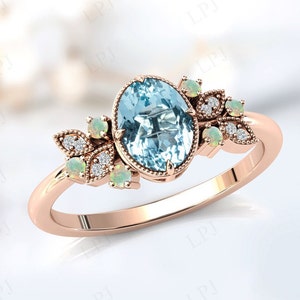 Vintage Aquamarine Engagement Ring For Women Unique Aquamarine Wedding Ring 14k Gold Aquamarine Bridal Ring Unique Art Deco Ring For Her