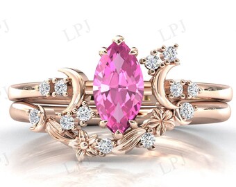 Moon Of My Life Pink Tourmaline Engagement Ring Set Pink Gemstone Ring Set Vintage Pink Tourmaline Art Deco Leaf Wedding 2 piece Ring Set