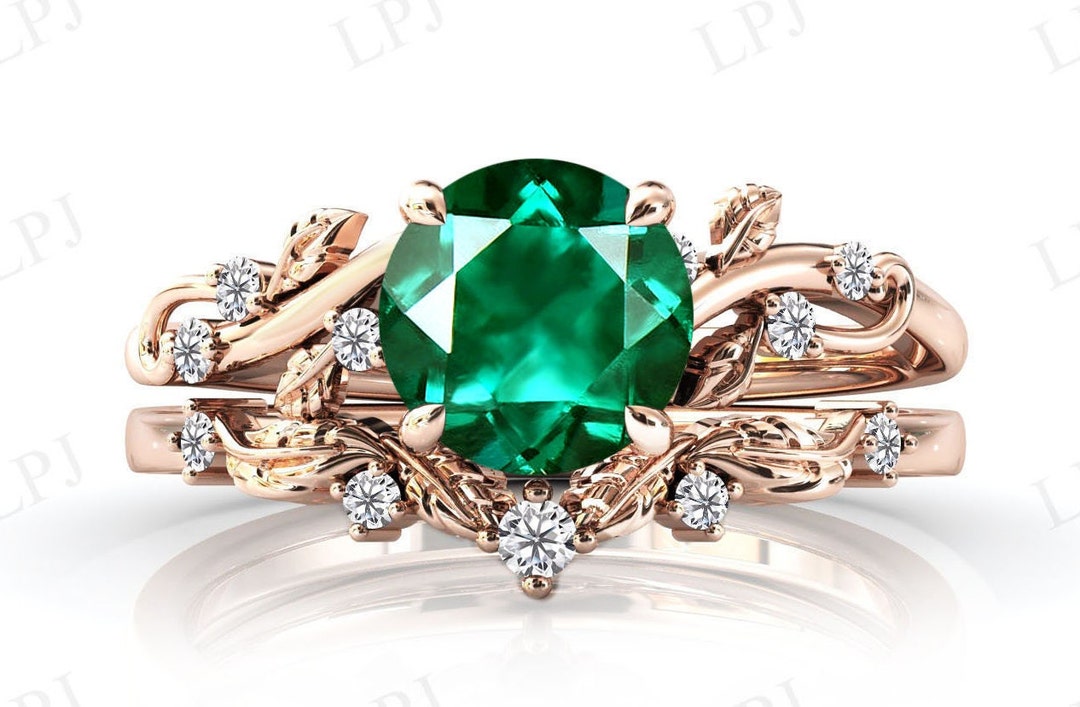 Vintage Emerald Engagement Ring Set 14k Rose Gold Leaf Style Ring Set