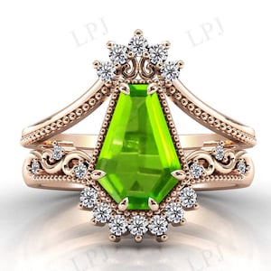 Vintage Peridot Engagement Ring Set For Women 14k Rose Gold Peridot Art Deco Wedding Ring Set Coffin Shaped Peridot 2 Pce Ring Set For Her