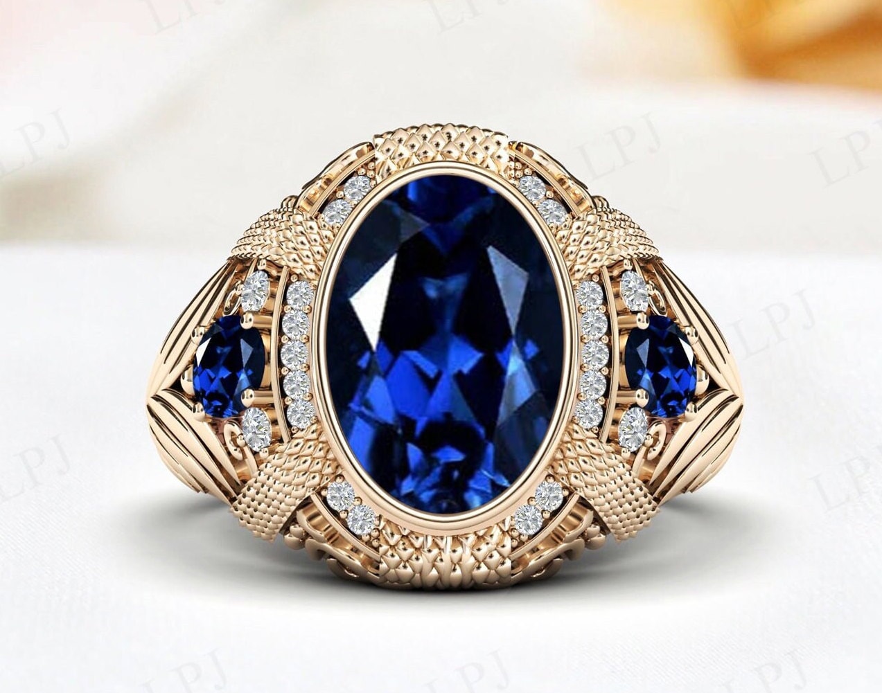 One Of A Kind- Vintage Blue Sapphire Engagement Ring 14k Rose Gold Blue Sapphire Signet Ring For Men Unique Men Statement Ring Gift For Him