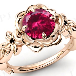 Vintage Ruby Floral Wedding Ring Art Deco Lotus Flower Ring 925 Silver Ruby Lotus Engagement Ring Unique Bridal Anniversary Ring For Women