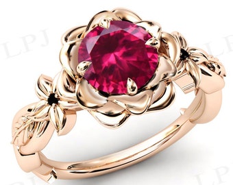 Vintage Ruby Floral Wedding Ring Art Deco Lotus Flower Ring 925 Silver Ruby Lotus Engagement Ring Unique Bridal Anniversary Ring For Women